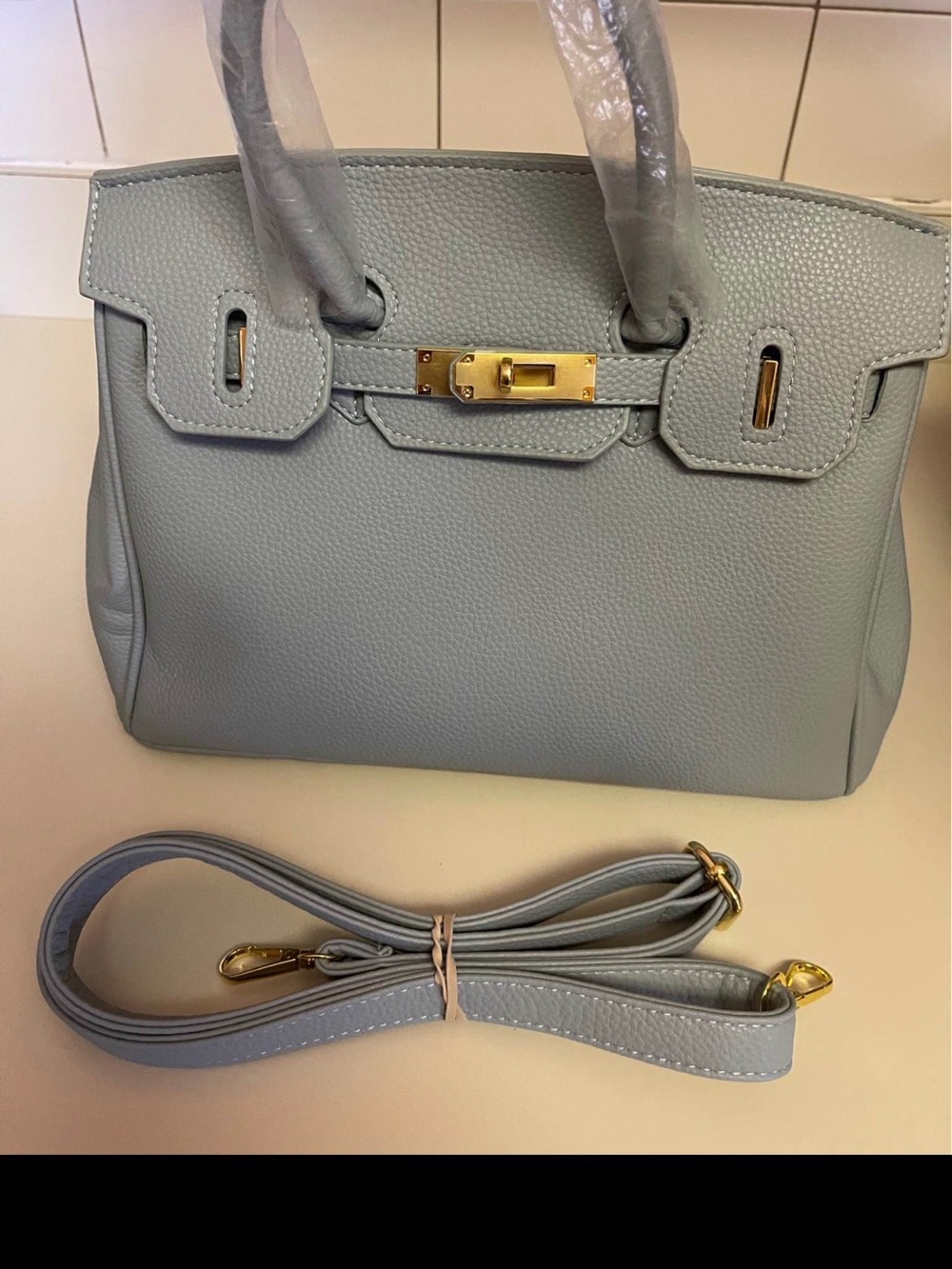 New Leather Tote Bag in Light Blue with Gold Hardware